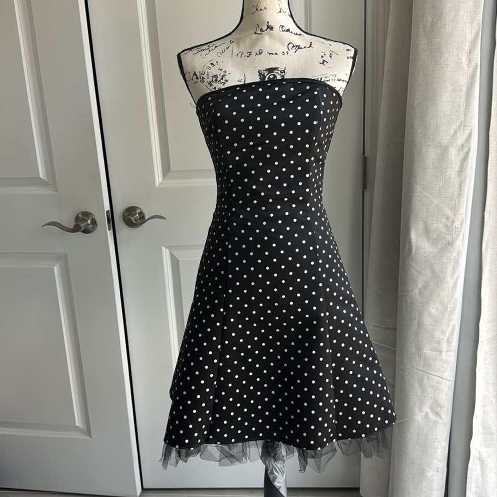 Jessica McClintocj for Gunne Sax Elegant Black Polka Dot Strapless Dress - Picture 2 of 6